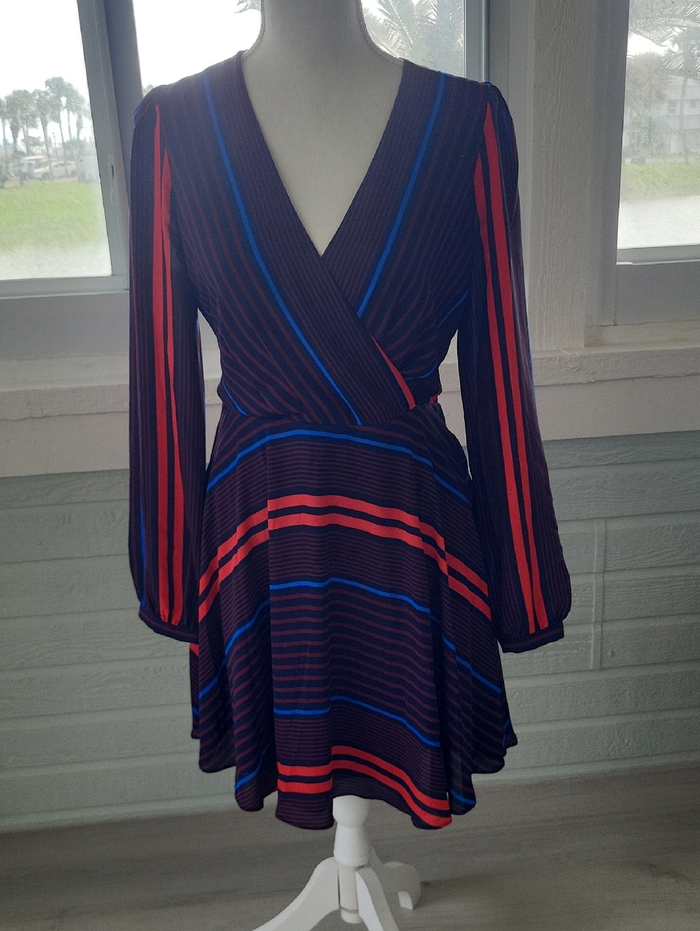 Express Black Wrap-Style Long Sleeve Dress with Red & Blue Stripes